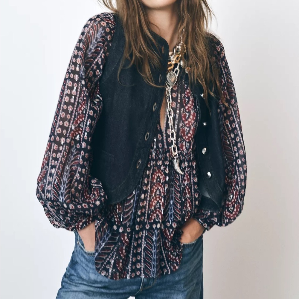 Zara Navy Boho Women's Blouse with Silver Metallic Thread NWT